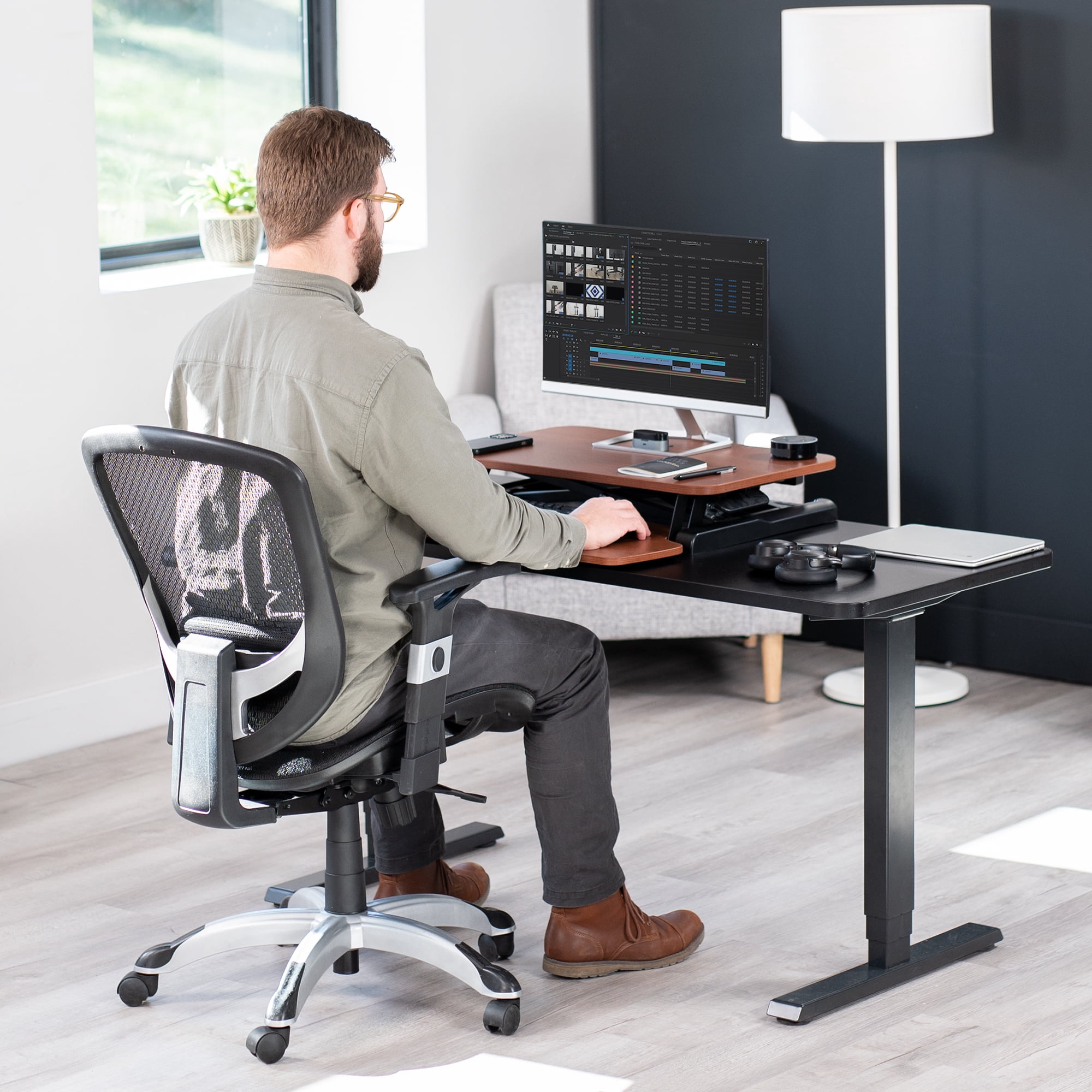 VIVO Dark Walnut 26" Height Adjustable Standing Desk Monitor Riser, Black Frame