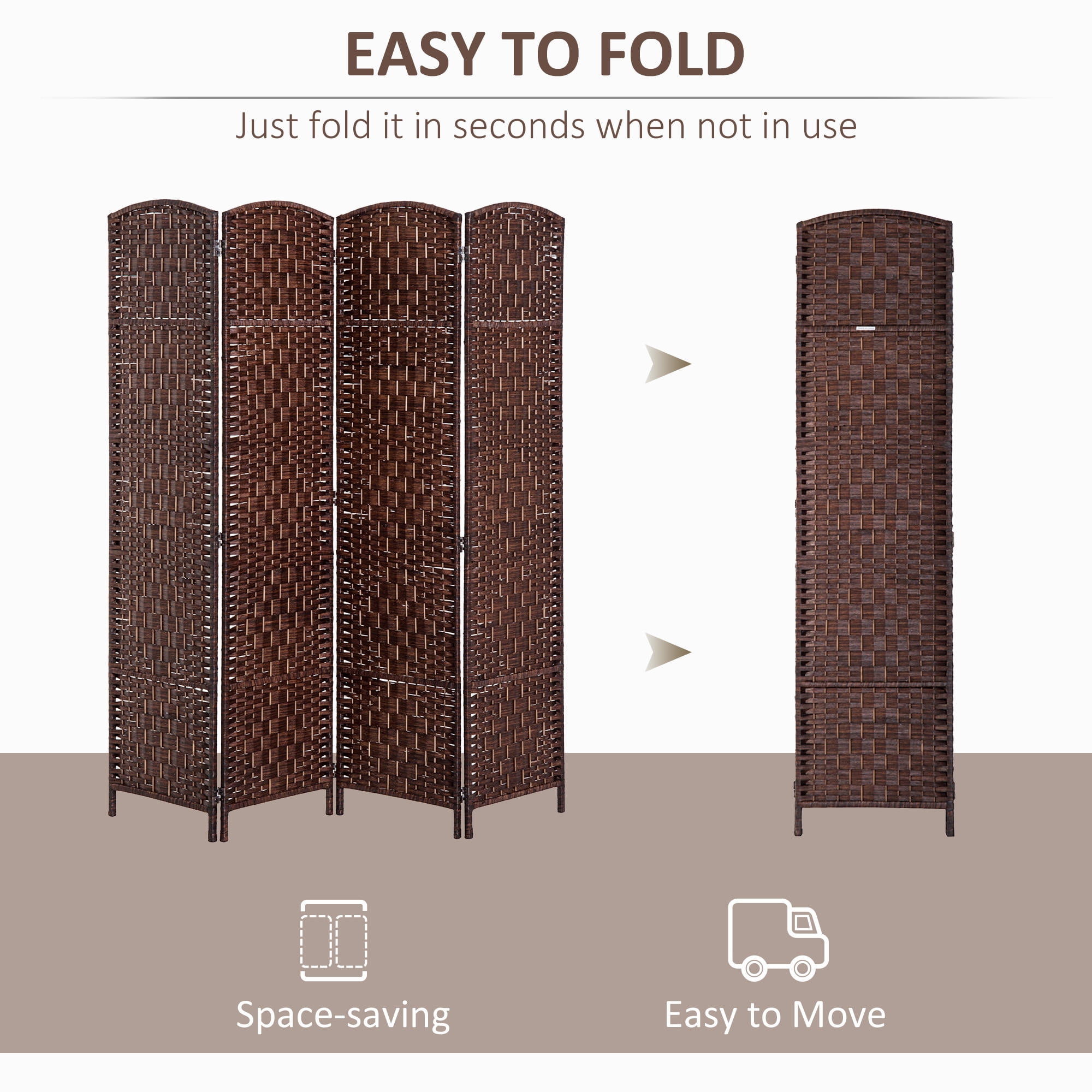 Folding Room Divider 4 Panel 6FT (70.9") Tall Privacy Screen Wicker Weave Freestanding Partition Wall for Bedroom Home Office Dorm, Brown