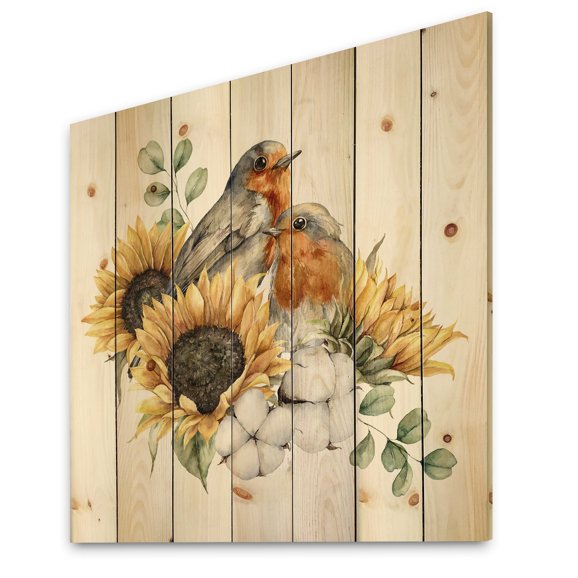 Designart 'Autumn Bouquet With Robin Redbreasts Sunflowers Cotton' Traditional Print on Natural Pine Wood