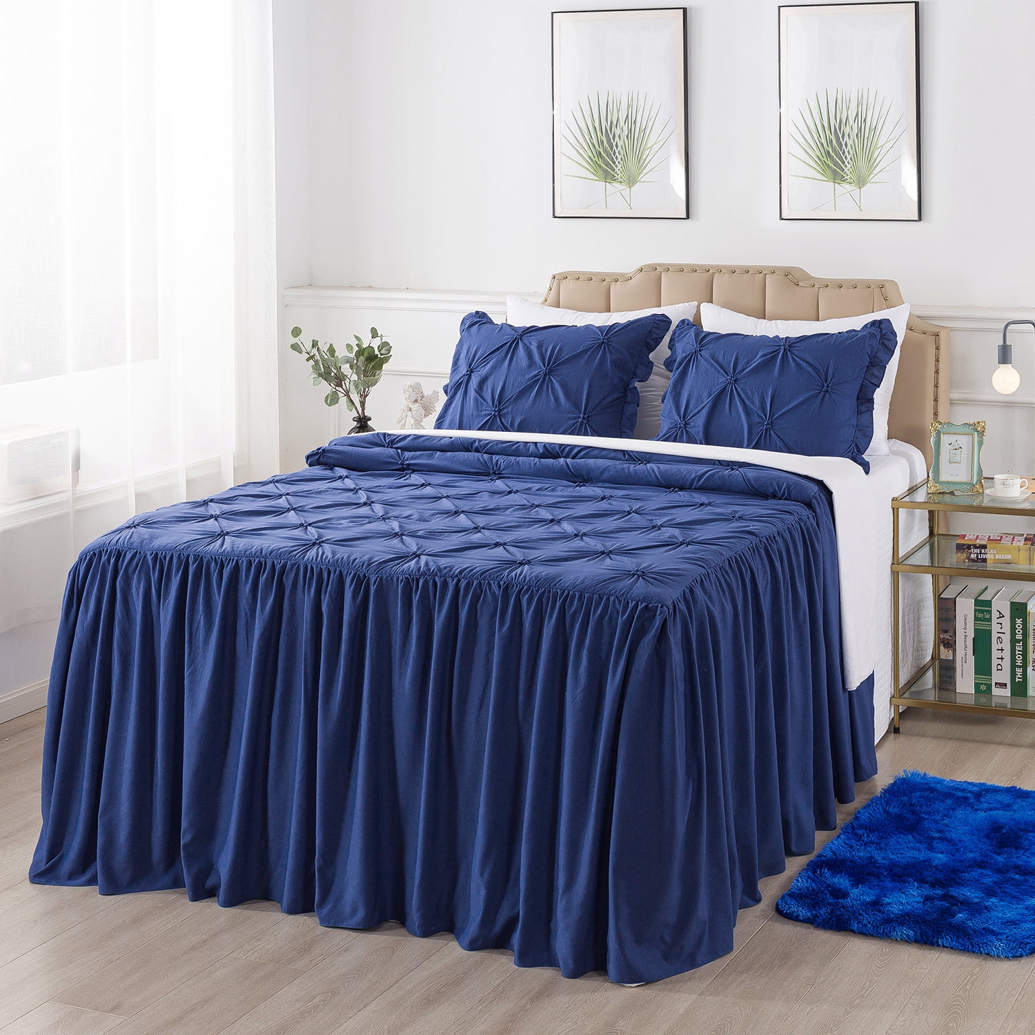 JML 4 Piece Ruffled Bedspread Set For Queen Size Bed, Elastic Pleat ...