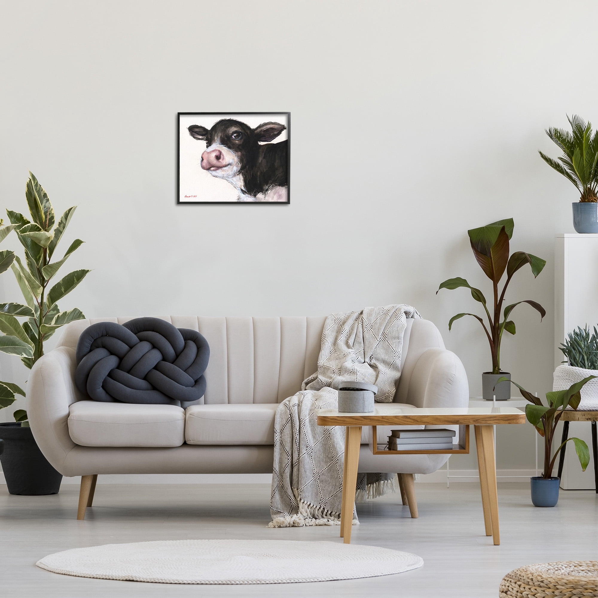 Stupell Industries Cow Calf Minimal Painting Animals & Insects Painting Black Framed Art Print Wall Art, 20 x 16