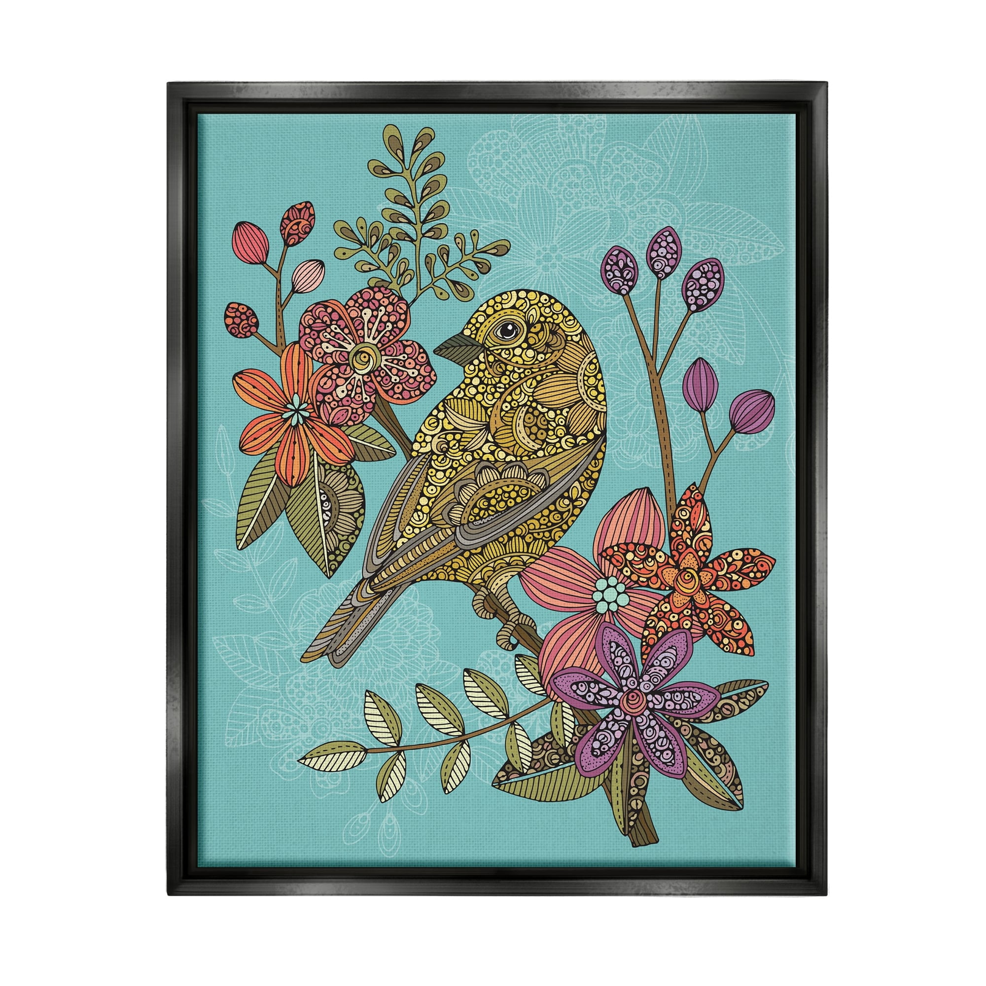 Stupell Industries Finch Perched Flower Branch Intricate Pattern Designs Graphic Art Luster Gray Floating Framed Canvas Print Wall Art, Design by Valentina Harper