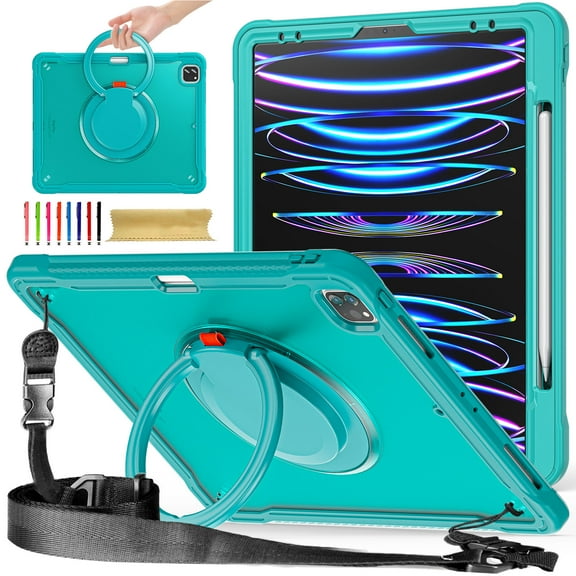 Nalacover Rugged Case for iPad Pro 12.9 inch 2022/2021/2020/2018 Tablet Case with Rotatable Stand & Foldable Handle Grip & Shoulder Strap, Heavy Duty Hybrid Shockproof Case - Blue