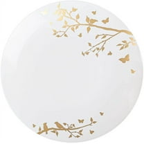 (10 PACK) EcoQuality 7.5" inch Round White Plastic Plates with Gold Floral Design - Spring Flower Heavy Duty Large Disposable Charger Dinner Plate Weddings, Tableware, China Like Party Plates