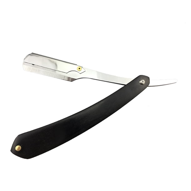 Maquinilla de afeitar de acero recta y elegante con mango de madera negro para hombre, plegable, de estilo vintage, de metal, para peluquero