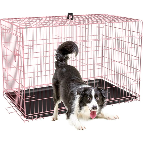 Dog Crates for Large Dogs 48 Inch Folding Mental Wire Crates Outdoor and Indoor Pet Dog Cage with Double-Door, Divider Panel, Removable Tray, Pink