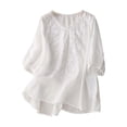 thumbnail image 2 of Women's Short Sleeve T-shirt Embroidered Tops For Women Floral Cotton Linen Tunic Tshirt Tee Women 3/4 Sleeve V Neck Button Boho Ethnic,White Women's Short sleeve T-shirt XL, 2 of 8