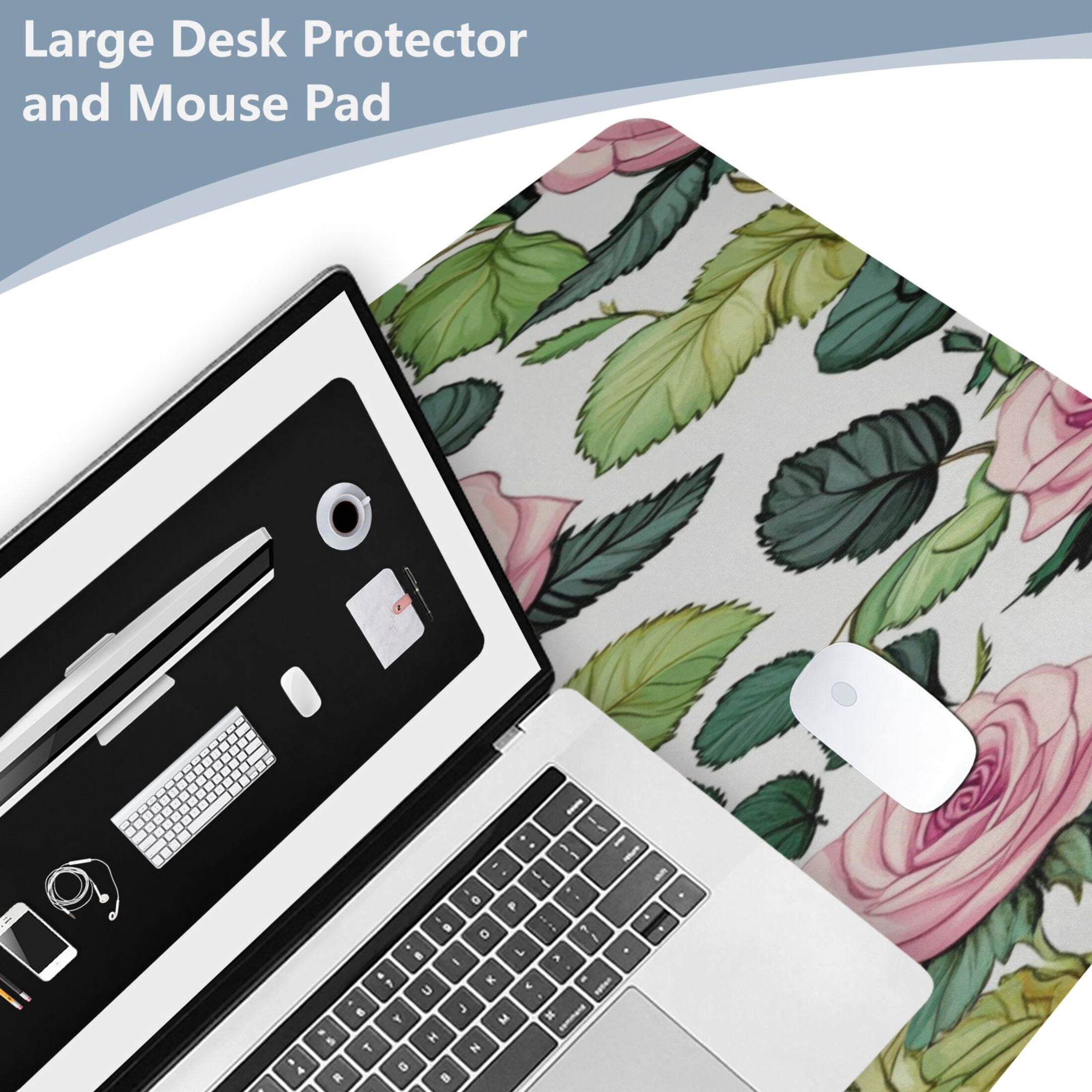 Wobogo Pink Rose Gaming Mouse Pad Non-slip Leather Desk Mat Water Resist Keyboard Pad for Gamer Office 16.5×35.4in
