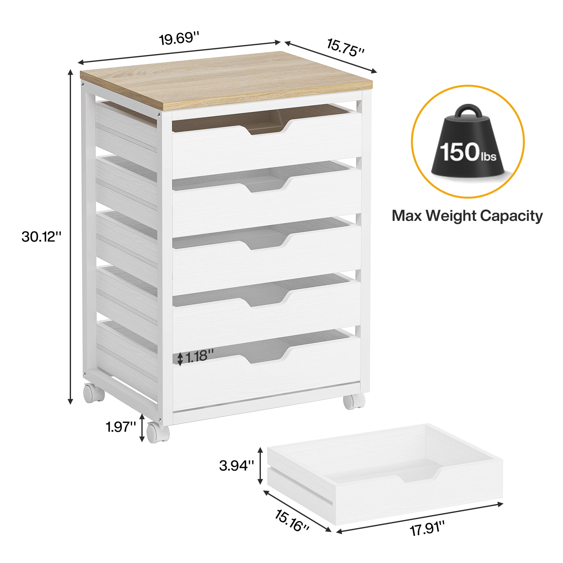 Tribesigns Modern 5-Drawer File Cabinet, Wooden Mobile Lateral Filing Cabinet with Storage Drawers and Wheels for Home Office, White