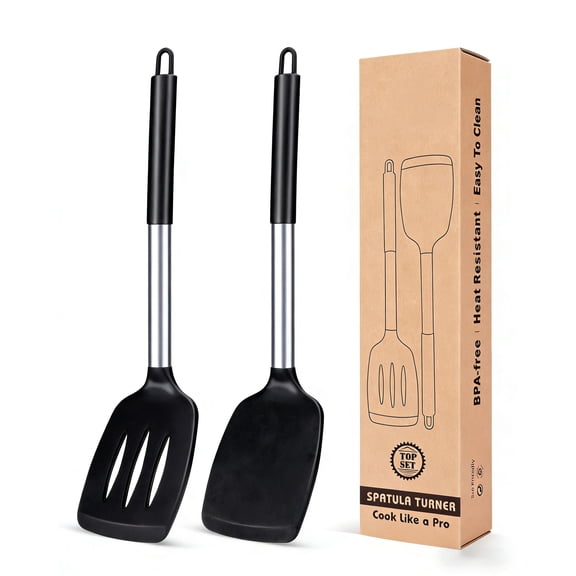 Pack of 2 Silicone Solid Turner, Non Stick Slotted Kitchen Spatulas, High Heat Resistant BPA Free Cooking Utensils, Ideal Cookware for Fish, Eggs, Pancakes(Black)