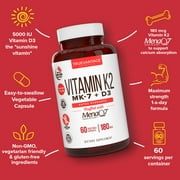 Vitamin K2 D3 Supplement -180 mcg Vitamin k2 MK7 and 5000 IU D3 for Healthy Bones, Healthy Heart & Cardiovascular Health- MenaQ7 Vitamin K Complex- 60 Vegetable Capsules