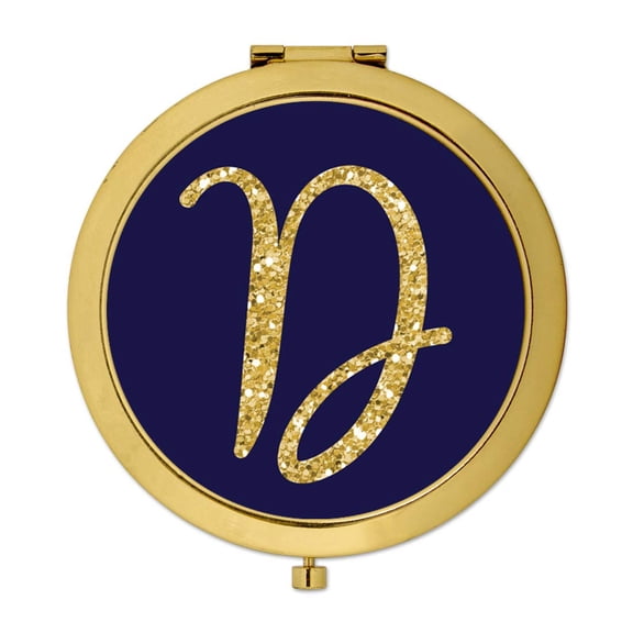 Koyal Wholesale Gold Compact Mirror Bridesmaid's Wedding Gift, Navy Blue | Faux Gold Glitter, Monogram Letter D, 1-Pack