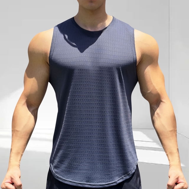 Camiseta de tirantes de cuello redondo para hombre, color liso, para deportes al aire libre, fitness, tiras finas, transpirable, de poliéster.