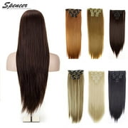 Spencer 24" Women 16 Clips Long Straight Wig Full Head Clip in Synthetic Hair Extensions 6pcs Hairpiece "1B# Natural Black"