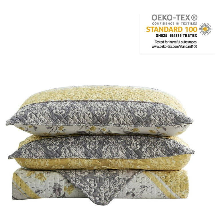 JML Quilt Set, King, Grey & Yellow Floral, 3 Piece