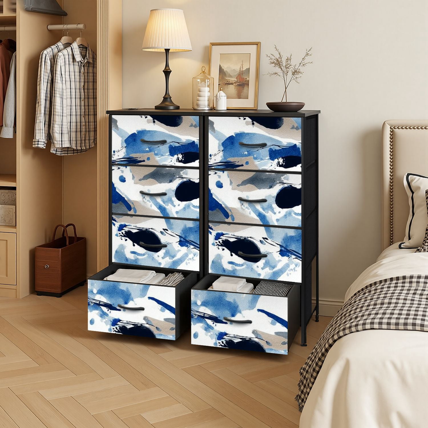 4 Drawer Vertical Storage Dresser Abstract brush strokes watercolor patterns banners posters fabric with Wood Top Fabric Pull Drawers