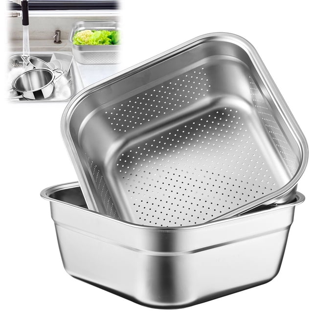 Stainless Steel Square Colander and Basin Set – Multi-Functional Kitchen Dish Tub for Sink, Kitchen Basket with Uniform Drainage Holes for Efficient Rinsing, Ideal for Food Prep and Storage