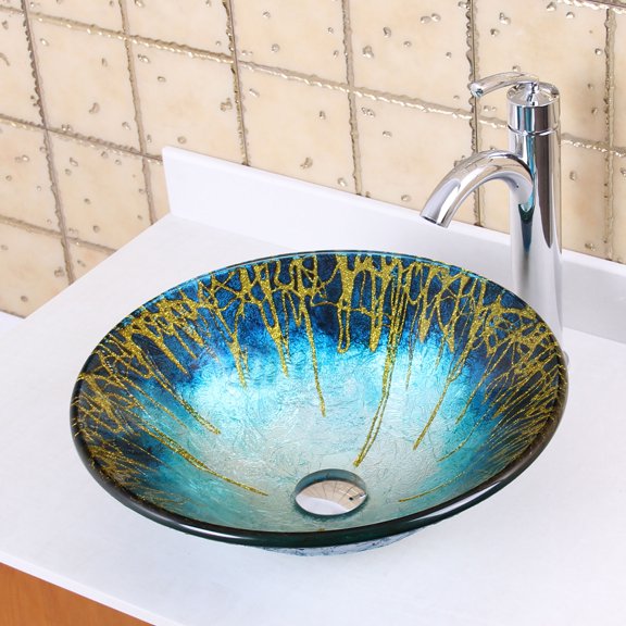 Elite Hand Painted Enchantment Tempered Glass Bathroom Vessel Fanfare Rim Sink with Chrome Pop-up Drain and Mounting Ring - 1309 P01008C