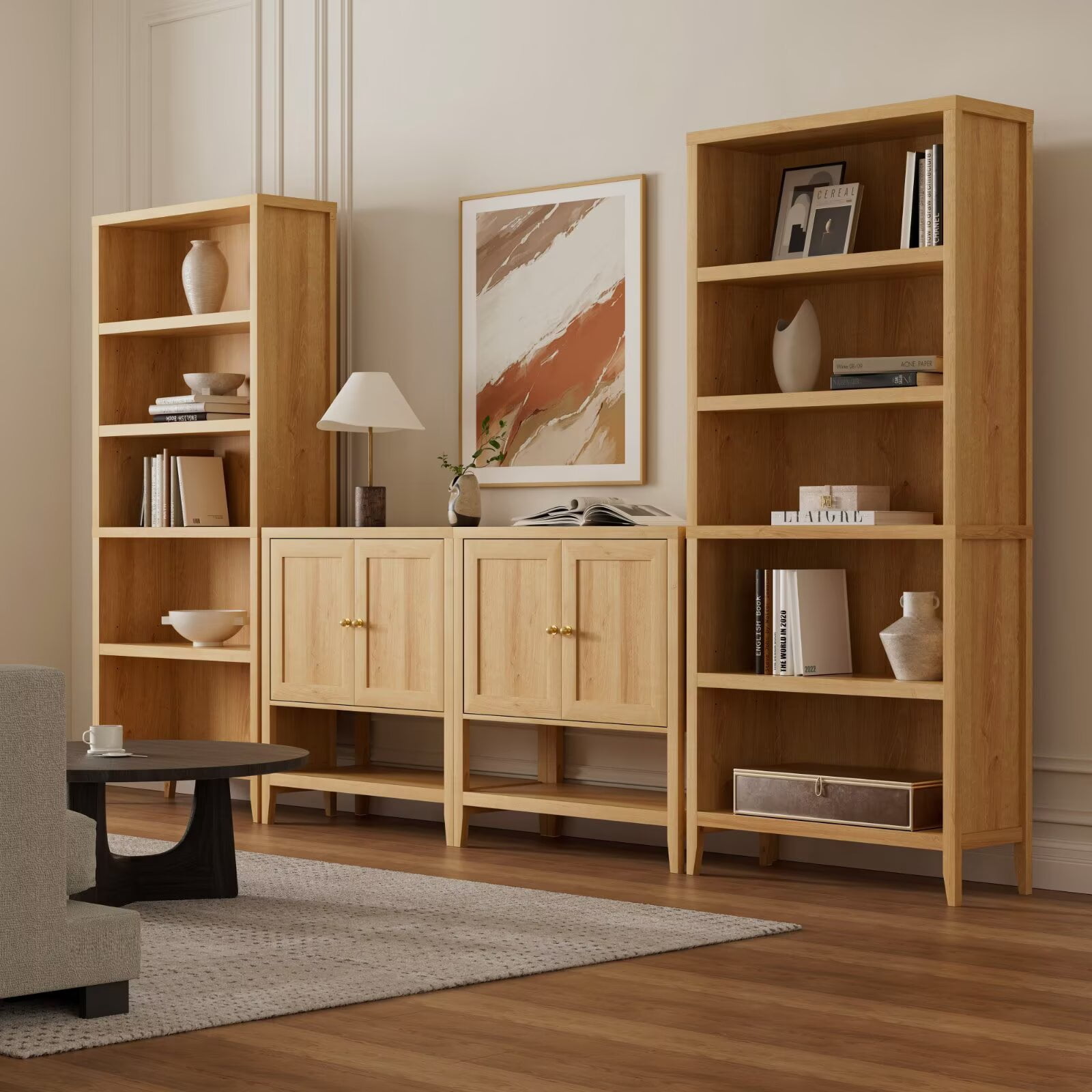 EYYTHUNG Farmhouse 71" Tall Bookshelf Set of 2, Large Freestanding Wooden Open Bookcase with Adjustable Shelf, Wood Display Book Shelf, Natural Oak