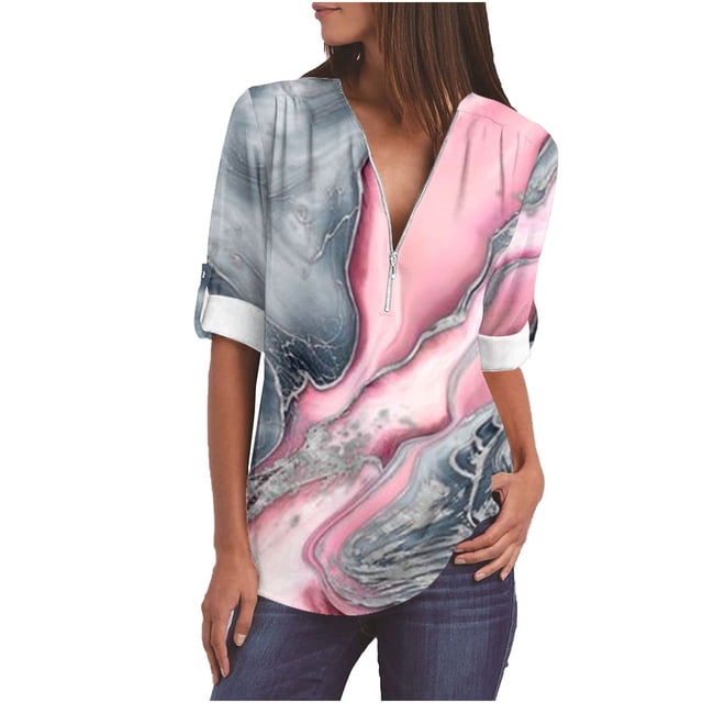 ICHUANYI Clearance Women's Summer Print Long Sleeve Shirts Zip Casual Tunic V-Neck Rollable Blouse Tops(Pink, S) ICHUANYI WER2023081109073