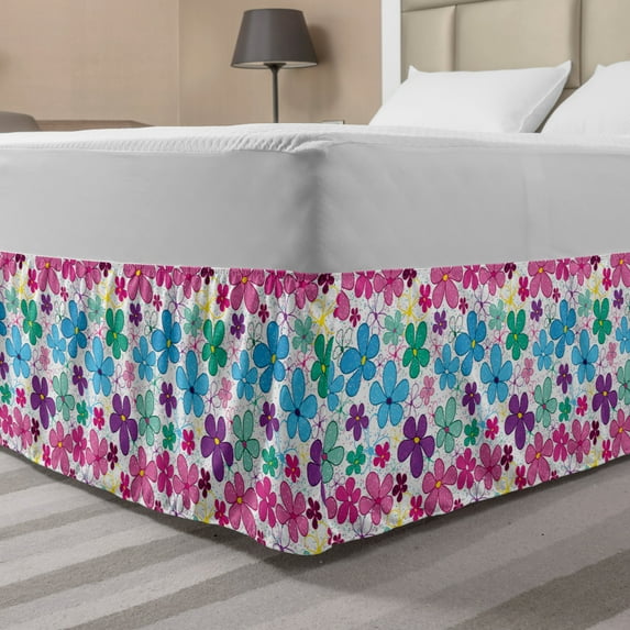 Colorful Bed Skirt, Print of Floral Theme Flowers Along Dots in Doodle Style on Plain Background, Elastic Bedskirt Dust Ruffle Wrap Around for Bedding Decor, 4 Sizes, Multicolor, by Ambesonne