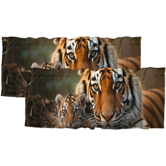 Lovely Tiger Blackout Curtain Valances Wildlife Tiger Mom and Son Rod Pocket Light Filtering Valances for Kitchen and Bathroom 54x18inch(2Pcs)