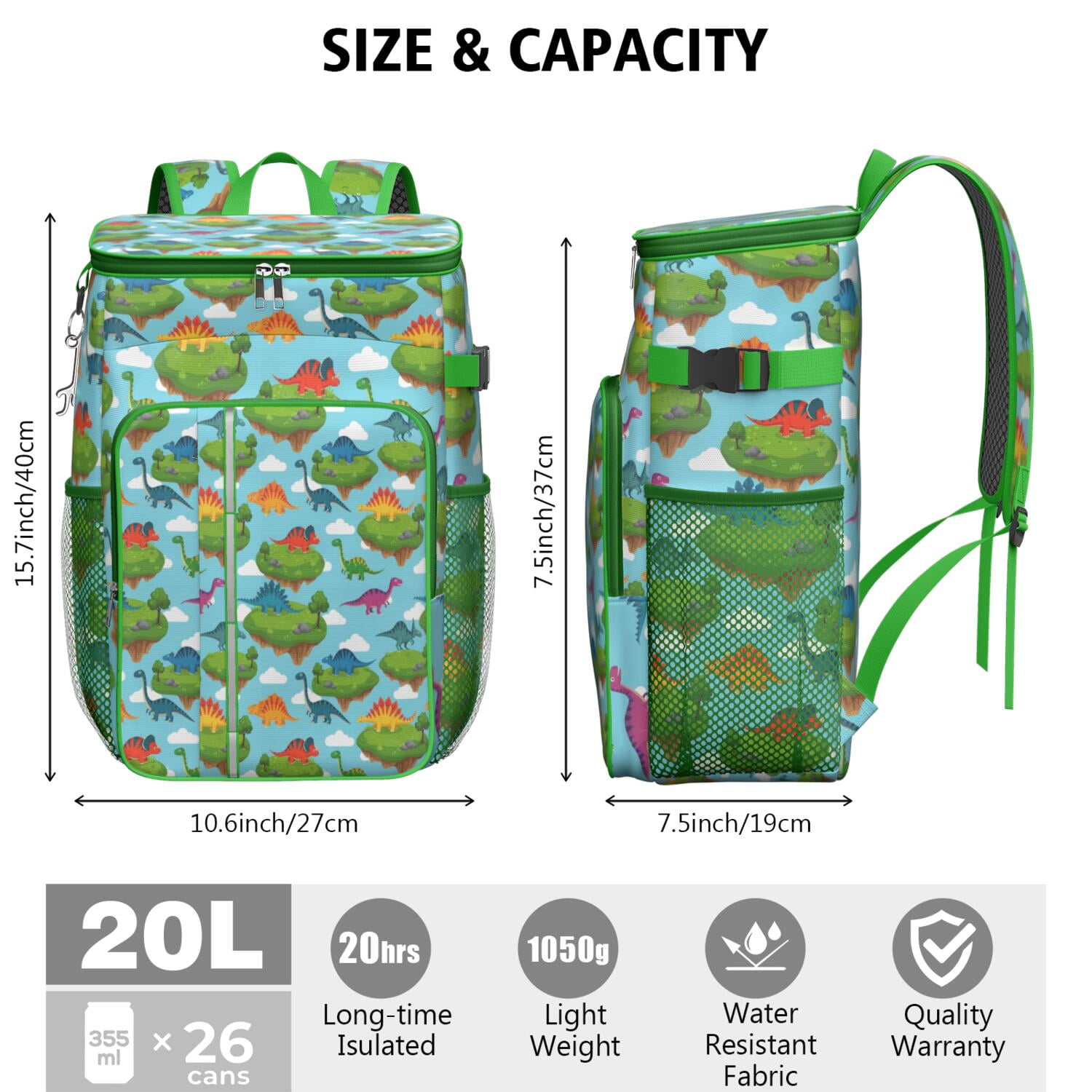 Travel Cooler Bag - Sky Blue Floating Island Dinosaurs Pattern Camping Beer Cooler Backpack with Bottle Opener- Waterproof Insulated Picnic Backpacks - Cooler Bag for Beach
