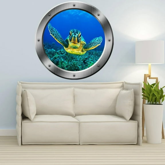 VWAQ Sea Turtle Submarine Window Porthole Wall Decal for Kids Room Ocean Sticker Mural - PO16 (14"H x 14"W)