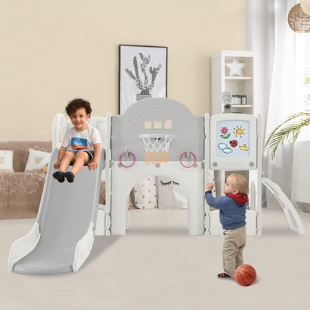 9-in-1 Fun Freestanding Spaceship Kids Slide Playset with Arch Tunnel Ring Toss Whiteboard and Basketball Hoop - Perfect Climbers Playground for Toddlers and Kids