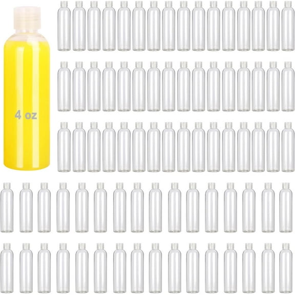 100 Pack 4 oz Plastic Squeeze Bottles with Top Flip Caps, Clear Empty Squeeze Bottles for Lotion, Travel-Friendly Clear Refillable Bottles, BPA-Free for Liquids and Personal Care