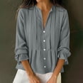 thumbnail image 2 of Tops de Manga Larga de las Mujeres de Color Sólido Casual con Detalle Del Botón Plisado, Blusa de Lino con Cuello en V para el Otoño Diario, 2 of 8