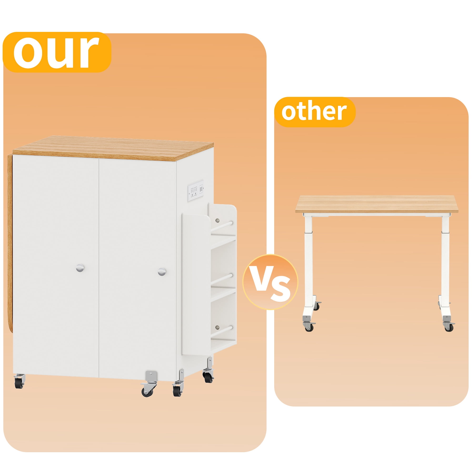 WARAYZ Foldable Space-Saving Sewing Table with Storage, Power Outlet, 6 Side Trays & Open Shelf, Lockable Wheels, White, 1 Count