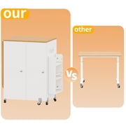 WARAYZ Foldable Space-Saving Sewing Table with Storage, Power Outlet, 6 Side Trays & Open Shelf, Lockable Wheels, White, 1 Count