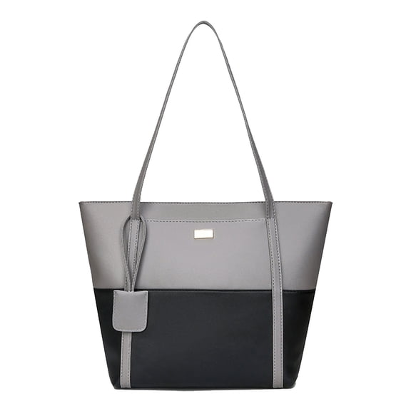 Mwjwdo Women's Two-Tone Color Block PU Tote Bag, Large Capacity Top Handle Work Shoulder Handbag for Office Shopping Daily Commute Gray