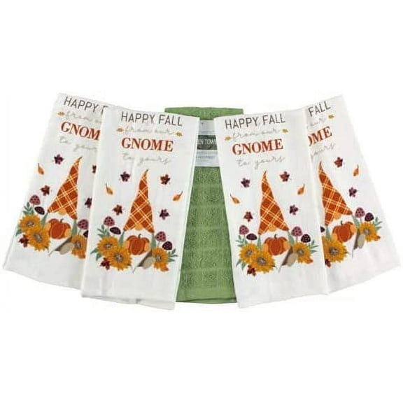 Serafina Home Fall Decor Kitchen Dish Towels Set: Garden Gnomes and Country Plaids with Autumn Sunflowers Welcome You from Our Gnome to Yours