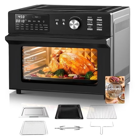 Kitchen in the box 32 QT Extra Large Toaster Oven Air Fryer Combo, 18-in-1 Convection Toaster Oven Countertop with Baking, Dehydrate and Rotisserie, 6 Accessories, 1800W in Stainless Steel, Black