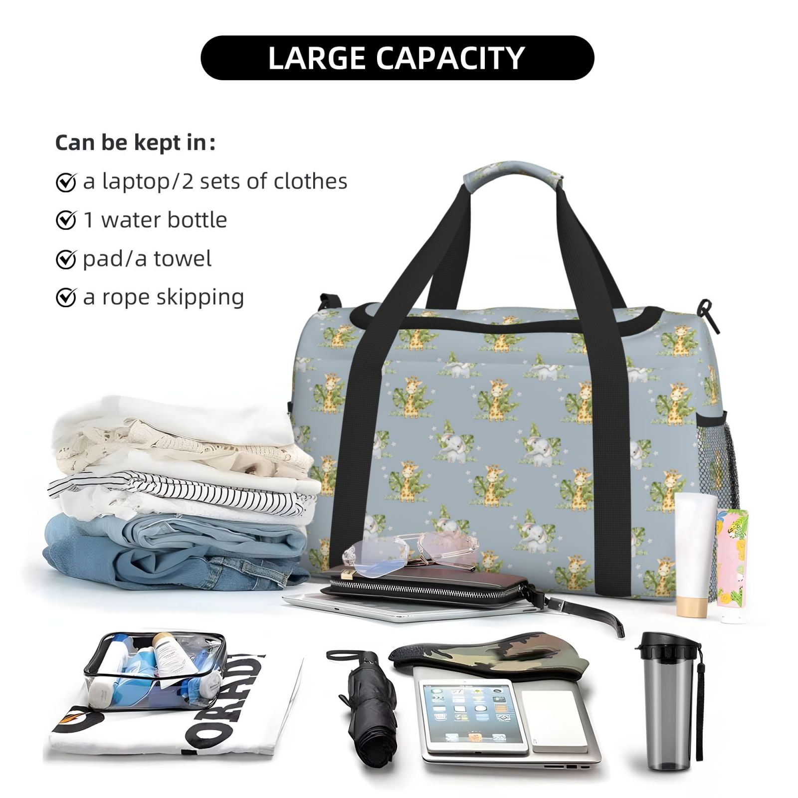 Fuzoiu Baby Elephant Giraffe Print Travel Duffle Bag,Carry On Tote Bags,Duffel Bag,Sport Gym Bag, Hospital Bag for Labor and Delivery, Overnight Bag,Luggage Bag