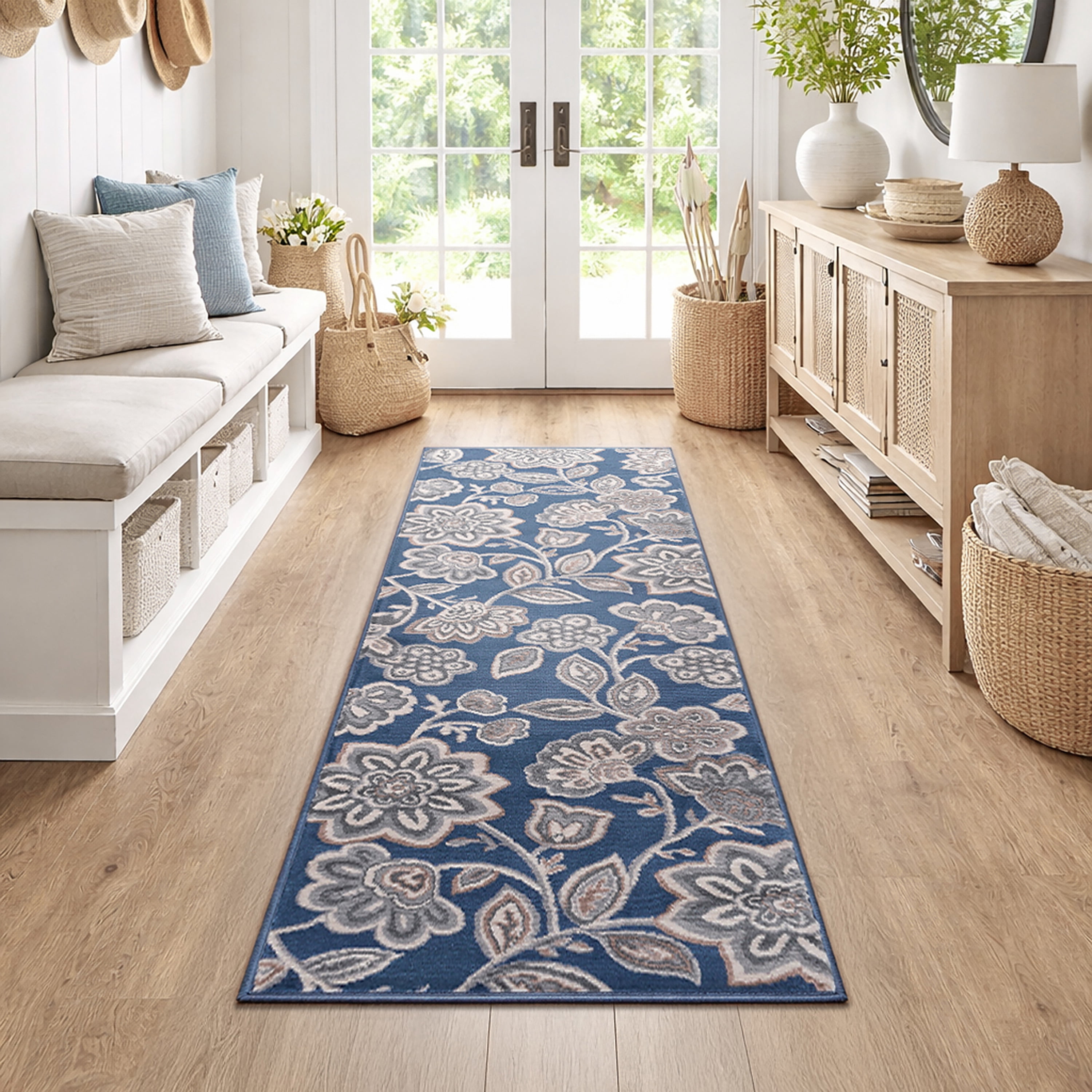 Madison Transitional 2' x 7' Navy and Cream Polypropylene Indoor Area Rug
