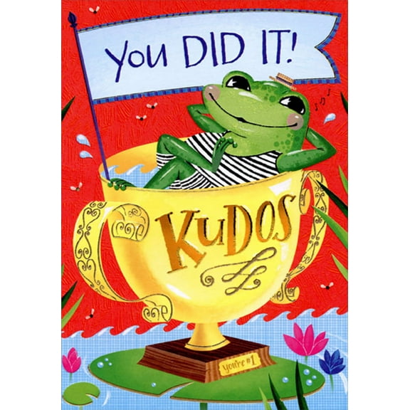 Designer Greetings Frog Inside Trophy Accomplishment Congratulations Card for Kids / Children with Stickers