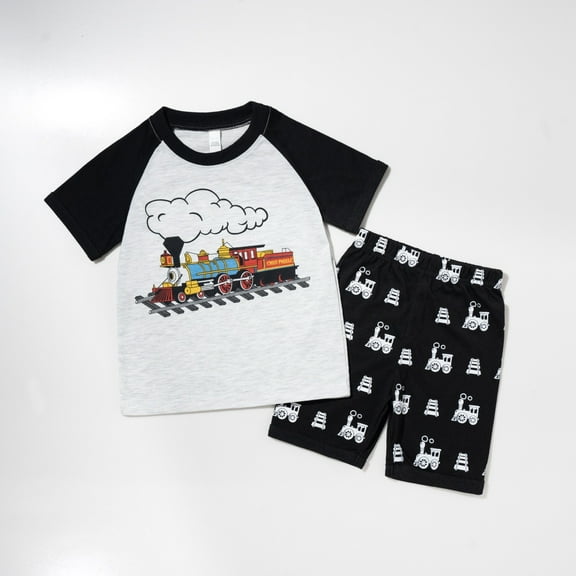 Summer Outfits for Toddler Boys Cartoon Train Print Short Sleeve Shirt and Shorts Casual Sets Size 3-4T ,Green