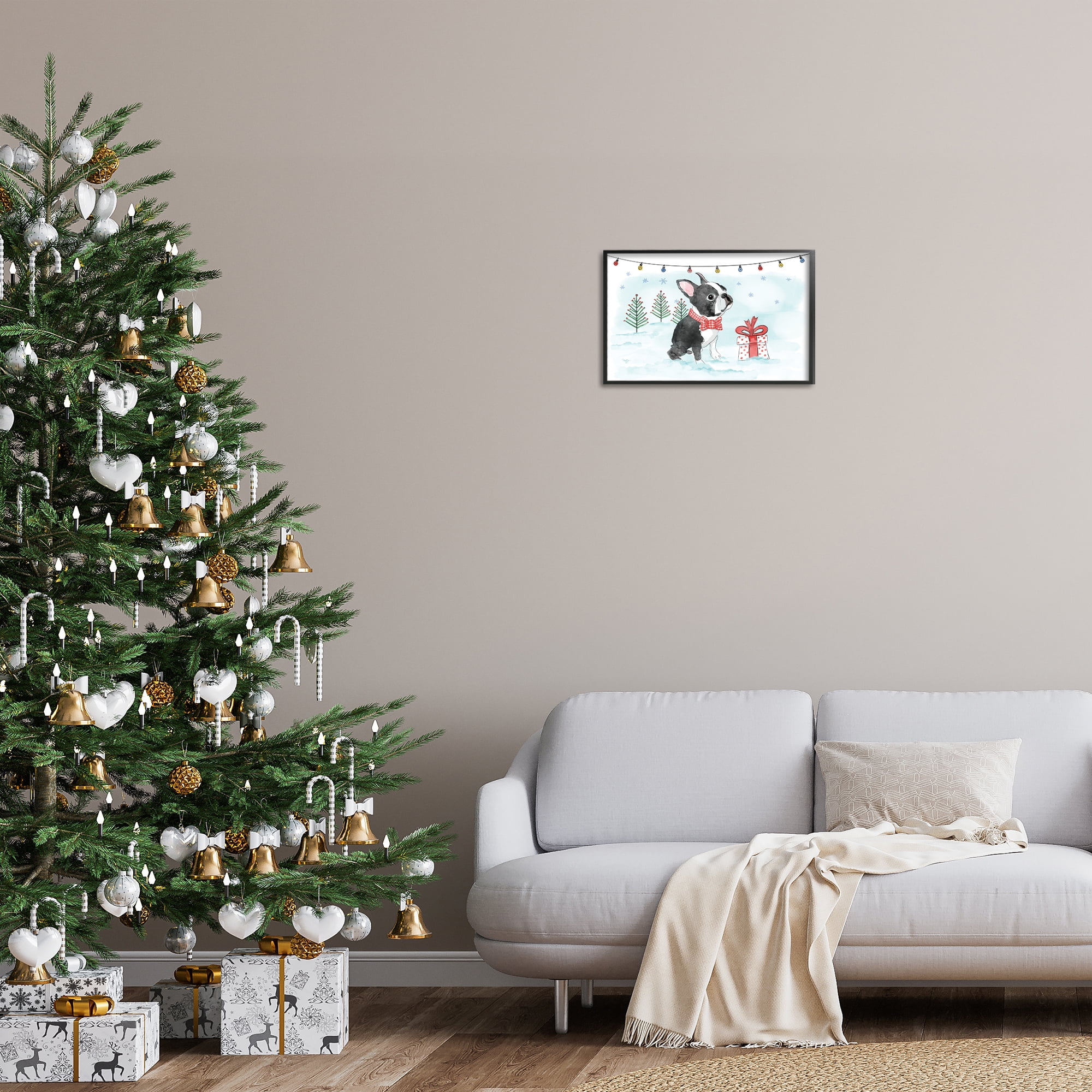 Stupell Industries Snowy Boston Terrier Holiday Painting Black Framed Art Prints Wall Art, 18 x 12