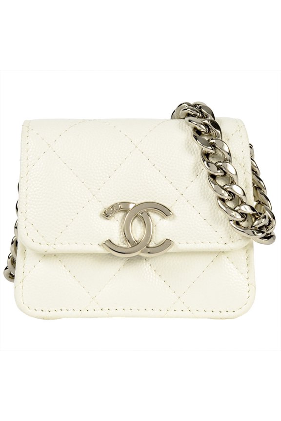 Pre-Owned Chanel Micro Matelass Chain Shoulder Bag, Caviar Leather, White, Silver Hardware,...