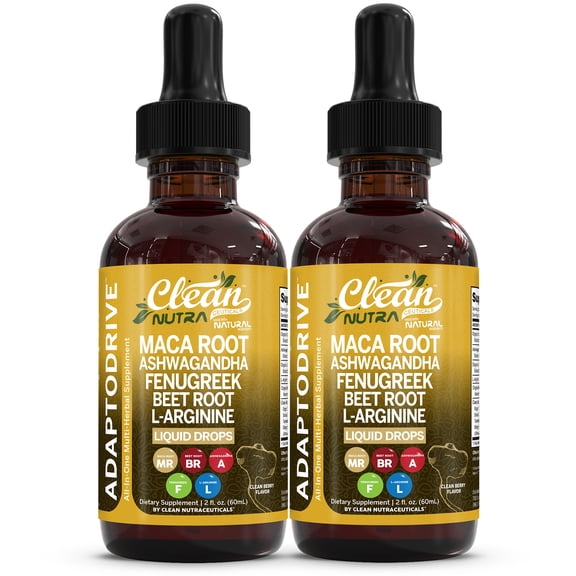 Maca Root Liquid Drops with Ashwagandha, Fenugreek, Beet Root and L-Arginine Liquid Multivitamin for Women and Men - Adapto Drive by Clean Nutra - 2Pack