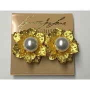 Kenneth Jay Lane Satin Gold Plated Dogwood Flower Simulated Pearl Clip Earrings