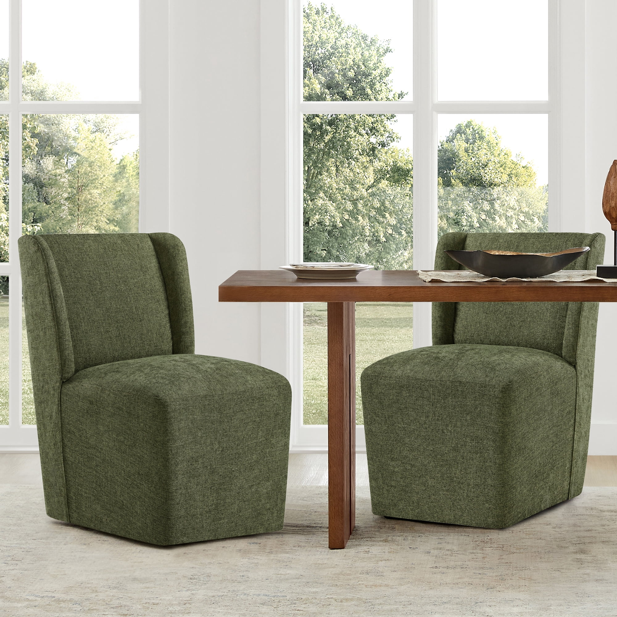 Spruce & Spring Anywhere Upholstered Dining Chair with Hidden Detachable Casters, Stain-Resistant Linen-Look Fabric, Green