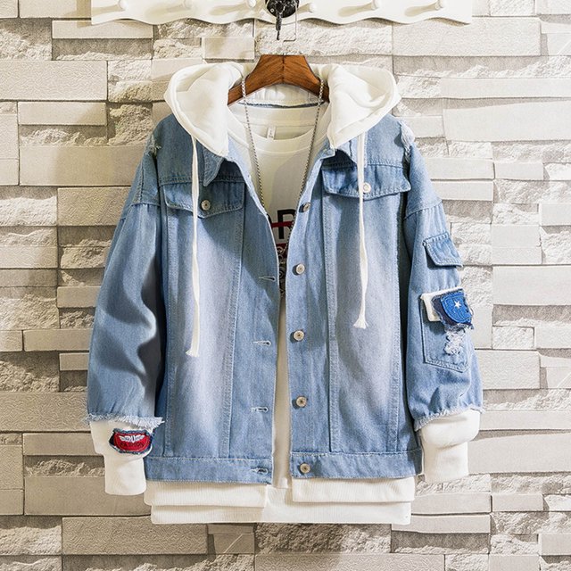 Men Casual Denim Hooded Jacket Workwear Fake Two Pocket Jacket Coat
