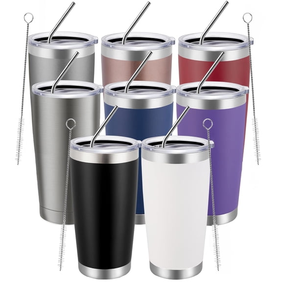 MEWAY 20oz Tumbler 8 Pack Double Wall Vacuum Insulated Travel Mug Bulk, Mix Color Stainless Steel Tumblers with Lid and Straw, Du