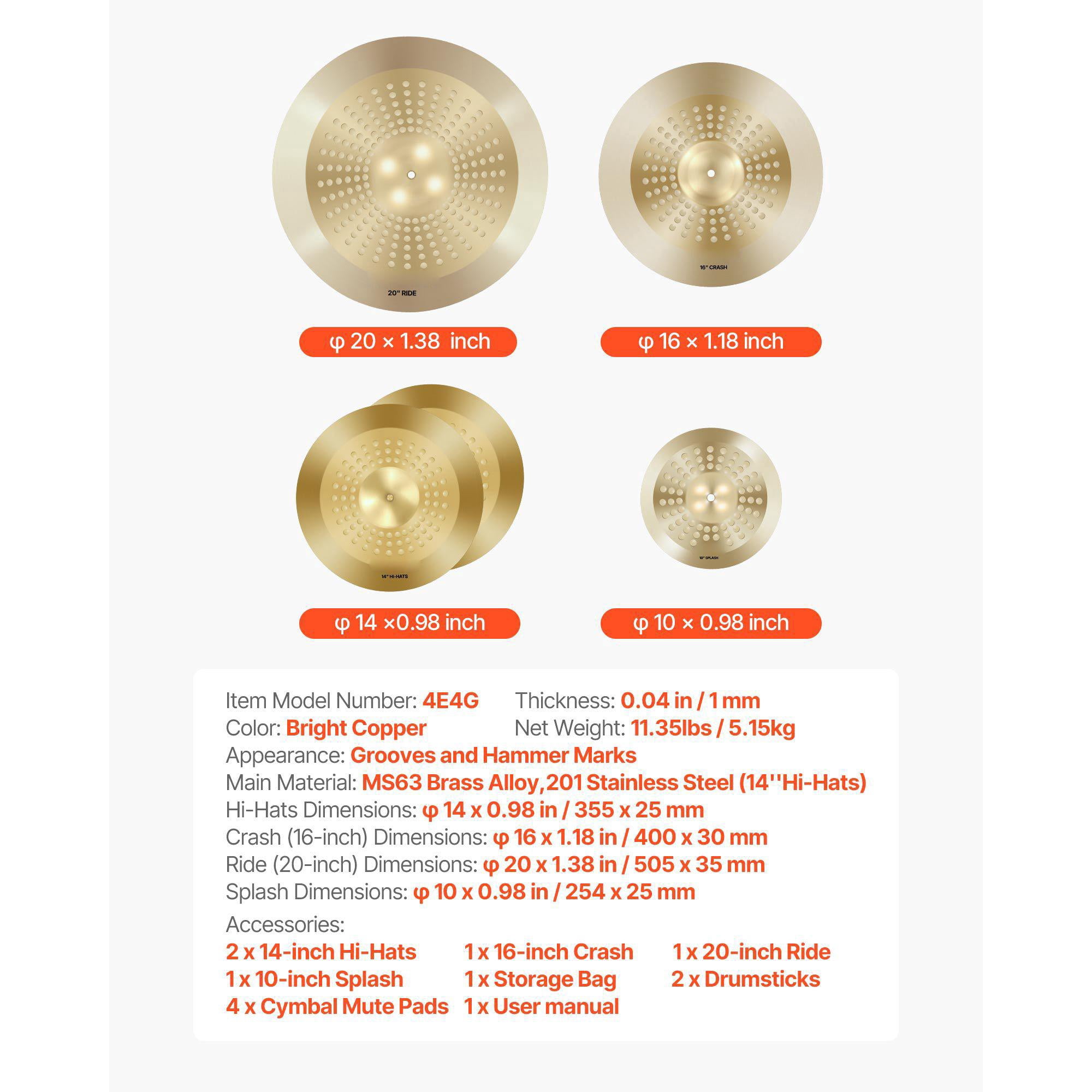 4 Piece Alloy Cymbal Pack for Drum Set Includes 14 Inch Hi Hats 16 Inch Crash 20 Inch Ride 10 Inch Splash with Drumsticks and Cymbal Bag