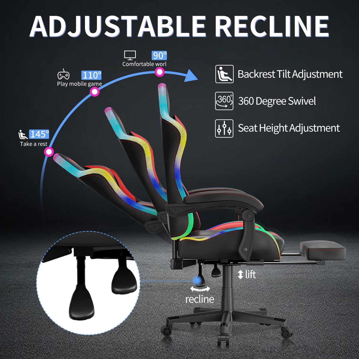 KOCEN Tall and large adult Gaming Chair , Racing Style RGB LED Light Adult Gaming Chairs, Equipped With Lumbar Massager, High Back Adjustable Recliner, With Footrest AndHeadrest.