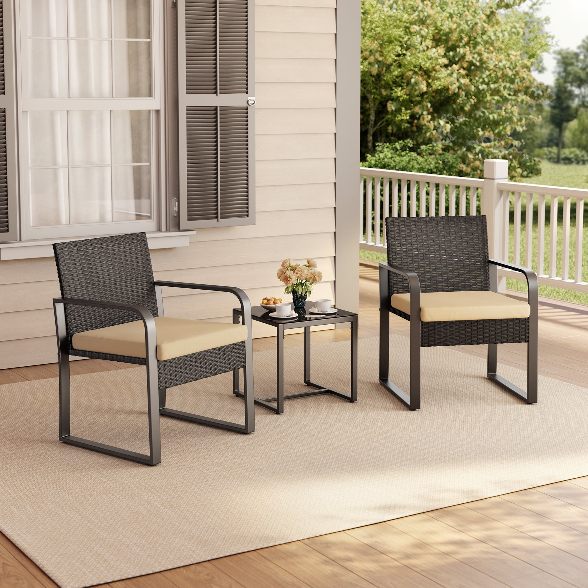 Lofka Patio Table and Chairs Set, Rattan Outdoor Furniture Set for Backyard & Porch, Beige Cushion